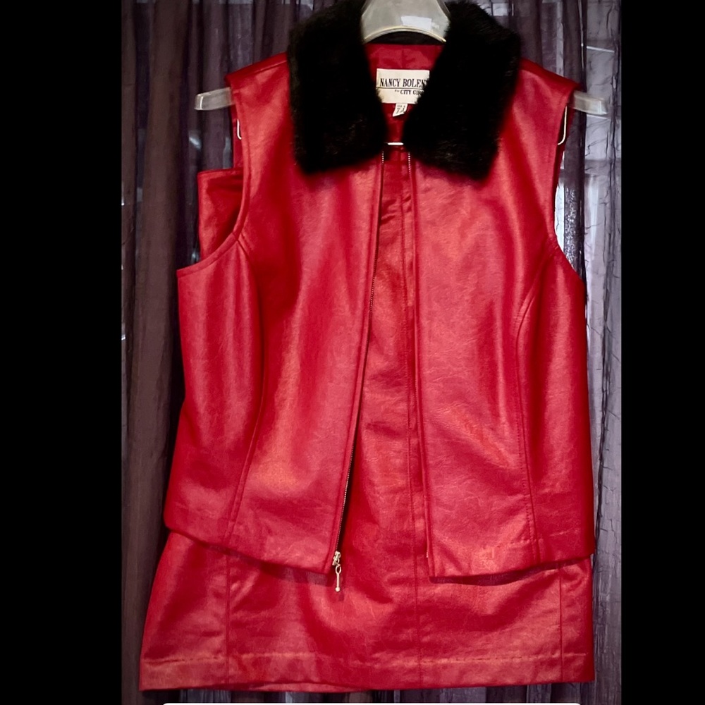 Red faux leather Nancy Bolen for City Girl two-piece skirt and vest set